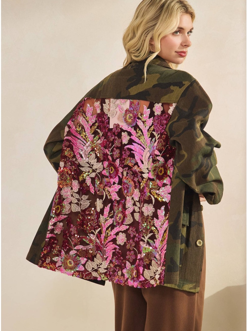 Veveret Midnight Camo Glam Jacket with Pink Floral Mesh Sequin Embellishments L